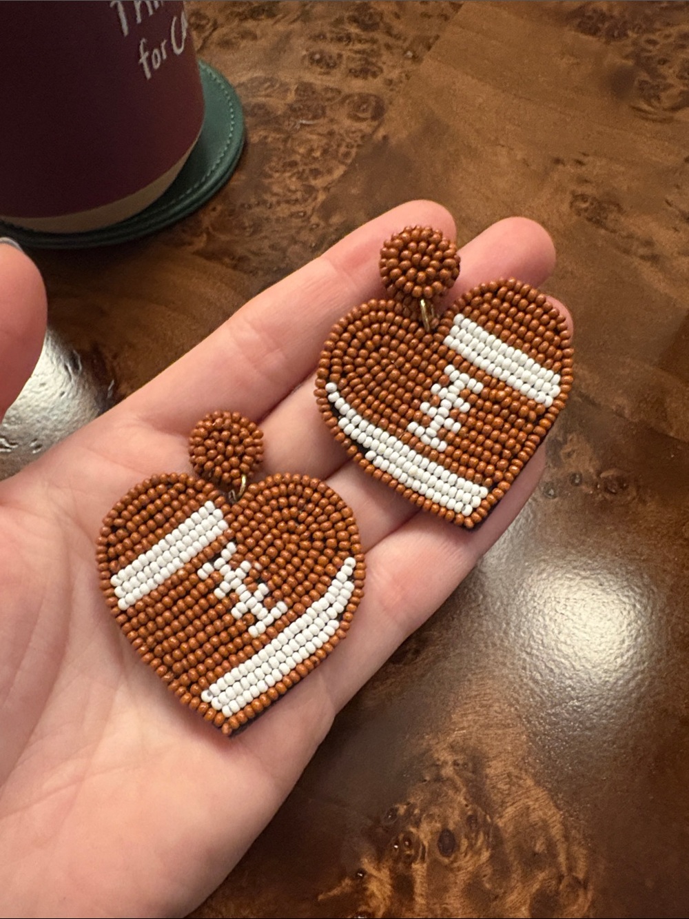 Handcrafted Brown & White Beaded Heart Football Earrings